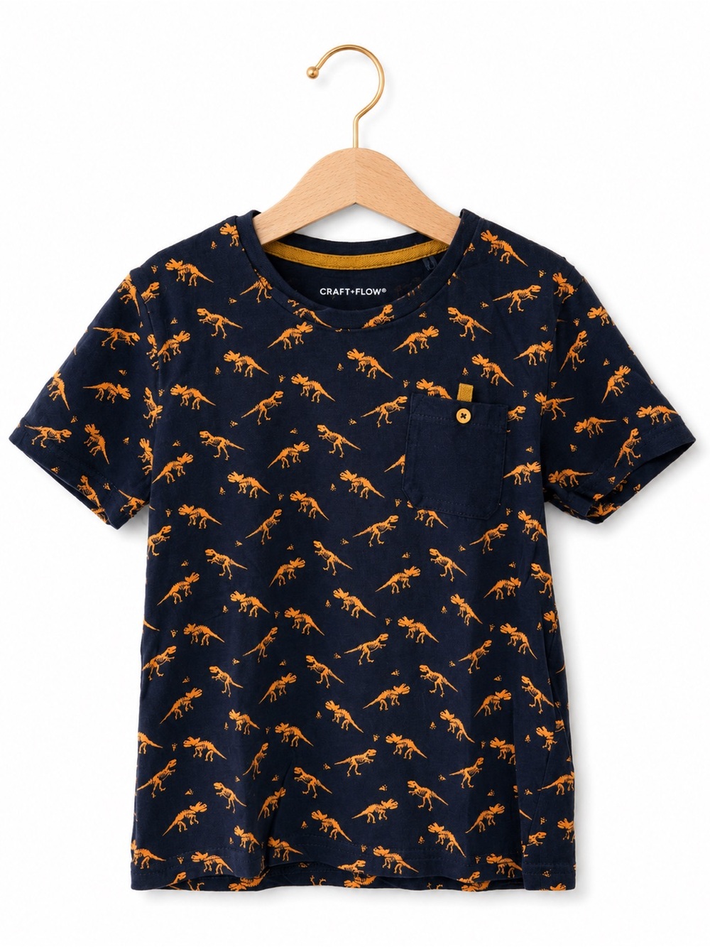 Craft + Flow Boys Dinosaur Print Pocket T-Shirt Navy Size 5/M Short Sleeve